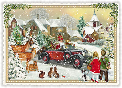 PK 1049 Tausendschön Postcard | Santa Claus in a vintage car