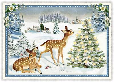 PK 1052 Tausendschön Postcard | Deer at a Christmas Tree