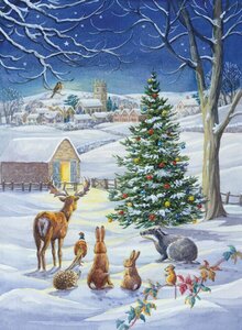 Postcard Audrey Tarrant | Snowy Landscape With Christmas Tree And Animals