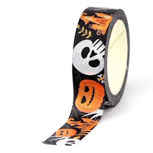 Washi Tape | Black Halloween with skulls, haunted house and pumpkins