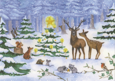 Postcard | Animals in the forest around Christmas tree