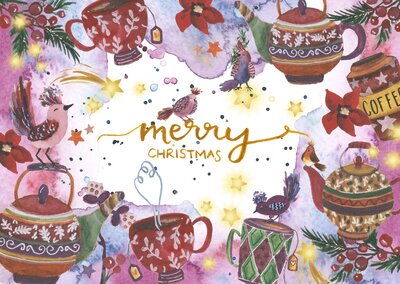 Postcard Merry Christmas Teacups - Romyillustrations