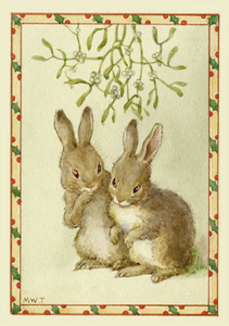 Postcard Margareth W. Tarrant |  Shall Us? Let’s!- Two Rabbits Under The Mistletoe 