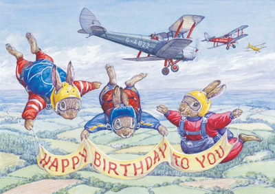 Postcard Audrey Tarrant | Three Rabbit Skydivers With 3 Biplanes In Sky 