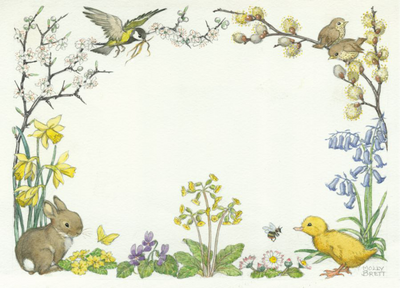 Postcard Molly Brett | Border Design With Rabbit, Duckling And Birds 