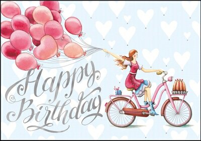 Mila Marquis Doppelkarten | Happy Birthday (Frau auf Fahrrad)