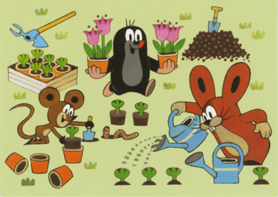 Postcard Krtek - Der kleine Maulwurf - Mole with mouse and rabbit gardening (The Little Mole)