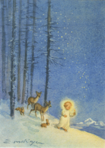 Postcard | An angel with deer and rabbits in the candlelight