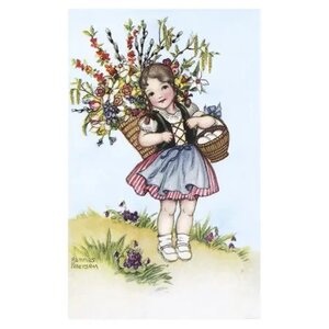 Postcard Ludom | Little girl with a basket full of flowers