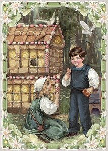 PK 8040 Barbara Behr Glitter Postcard | Fairytales - Hansel and Gretel