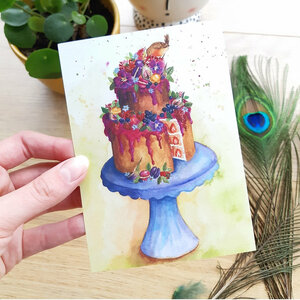 Postcard 'Cake with a robin' - Romyillustrations