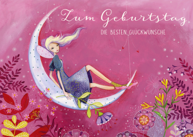 Postcard Kristiana Heinemann | Zum Geburtstag die besten Glückwünsche (fairy on crescent moon)