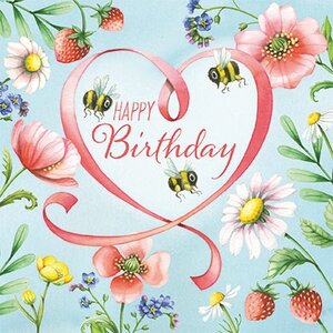 Nina Chen Postcard | Happy Birthday (bees, flowers, heart)