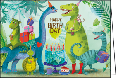 Mila Marquis Doppelkarte | Happy Birthday (Dinosaurs)