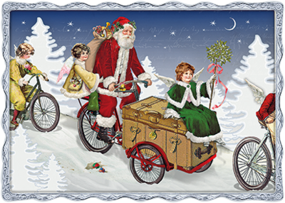 Auguri by Barbara Behr Glitter Postcard | Santa on bicycle
