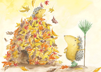 Postcard | Hedgehog with pile of leaves