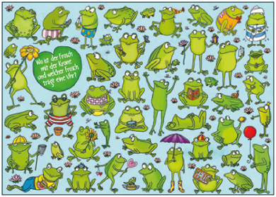 Search Postcard | Wo ist der Frosch mit der Krone und welcher Frosch trägt eine Uhr?
