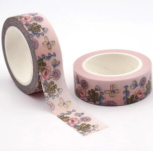 Washi Tape | Pink Meadow Spring Flower Field - with Gold Foil 