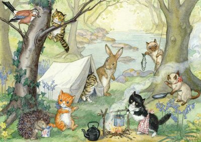 Postcard Molly Brett | A Group Of Cats Go Camping In The Woods