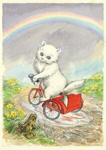 Postcard Racey Helps | White Kitten On A Tricycle