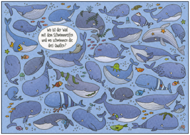 Search Postcard | Wo ist der Wal mit dem Schwimmreifen und wo schwimmen die drei Quallen?