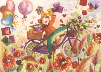 Postcard Romyillustrations - Postmeisje op de fiets