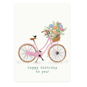 The Lemonbird Postcard | fiets met bloemen en hondje Happy birthday to you!