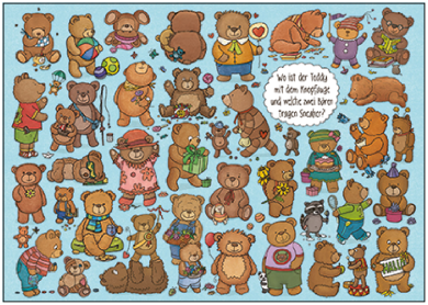 Search Postcard | Wo ist der Teddy mit dem Knopfauge und welche zwei bären tragen Sneaker?