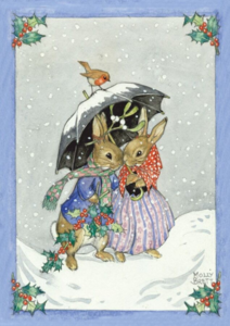 Postcard Molly Brett | Two Rabbits shelter from the Snow