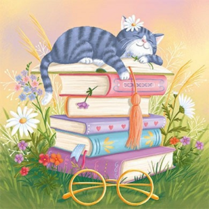 Postcard Tatjana Beimler | Cat op book pile