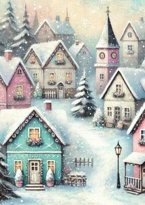 Winter Village: Pastel Winter Village | Postcard Fripperies