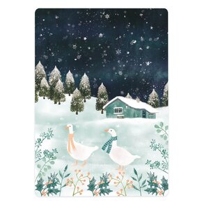 The Lemonbird Postcard | two geese and a cottage in the snow