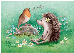 Postcard 453 by Katja Saario - Robin singing to Hedgie