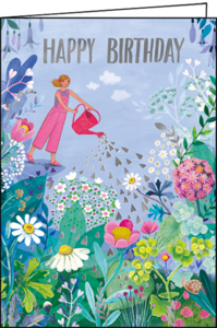 Mila Marquis Folded Card | Happy Birthday (Woman watering flower garden)