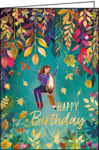 Mila Marquis Folded Card | Happy Birthday (Girl and fox on swing)