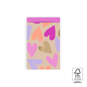 5 Paper Bags Big Hearts Gold - Bright Pink (12x19cm)