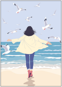 Postcard | Woman on the beach with seagulls