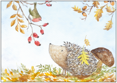 Postcard | Hedgehog and robin in autumn
