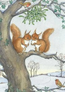 Postcard Molly Brett | Two red squirrels cosy up on a tree branch
