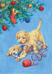 Postcard Audrey Tarrant | Two puppies playing with Christmas cracker