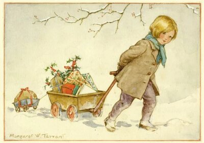 Postcard Margareth W. Tarrant | A small child pulls along a cart loads of presents