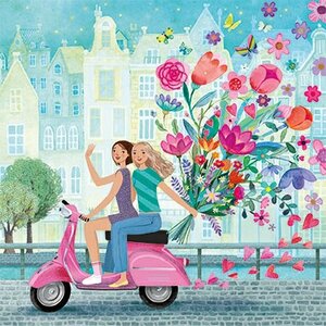 Mila Marquis Square Postcard | Two women on a scooter