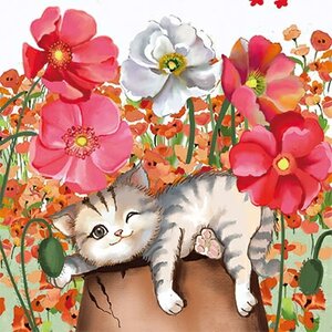 Sabina Comizzi Square Postcard | Cat and blossoms