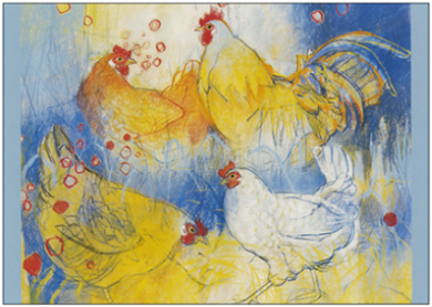 Postcard Loes Botman | Rooster with hens, 2001