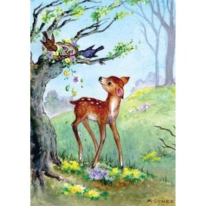 Postcard Margaret Lynes | Fawn looking at birds