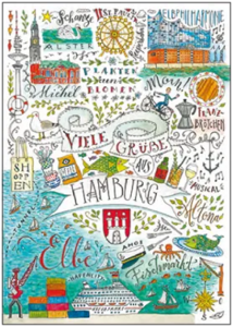 Postcard Jiska de Waard | Viele Grüße aus Hamburg/ Schanze/ Franzbrötchen/ Fischmarkt