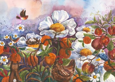 Postkarte Romyillustrations - Vogelnestje tussen de sinaasappels