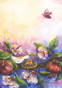 Postcard Romyillustrations - ducklings on the pomegranate branch