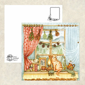 Xenia's Sketchbook Pages Postcard - Cozy Winter Window with Books and Cats