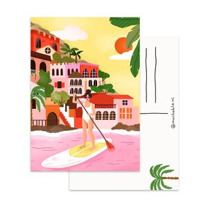 A6 Postcard by Muchable - zomer vrouw suppen - surfboard